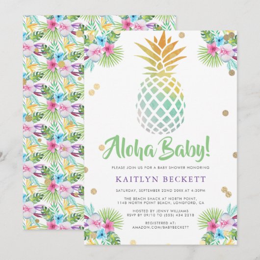 Aloha Baby. Waterverf Ananas Baby shower Kaart (Voorkant / Achterkant)