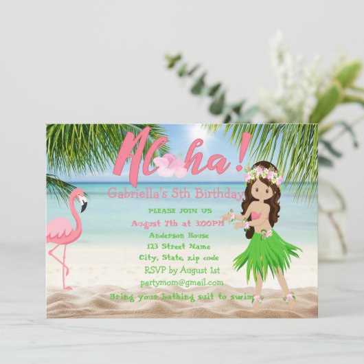 Aloha Beach Girls Luau Birthday Party Invitation Kaart (Staand voorkant)