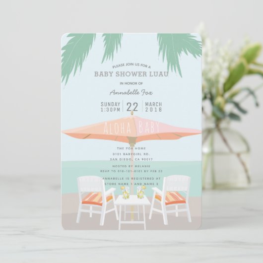 Aloha Beach Roze Turquoise Baby shower Uitnodiging (Staand voorkant)