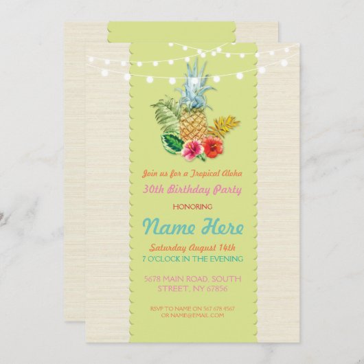 Aloha Birthday Party Luau Aloha Pineapple Invite Kaart (Voorkant / Achterkant)