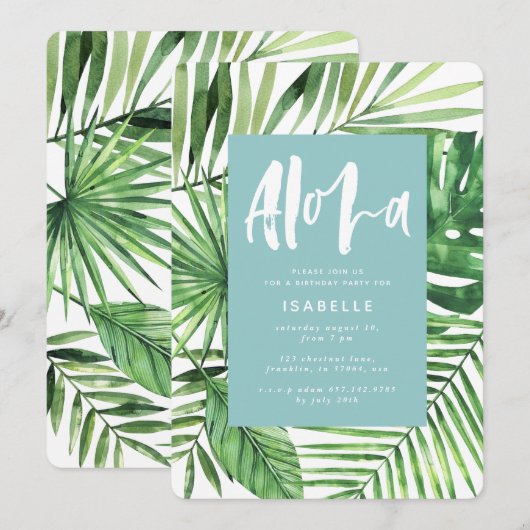 Aloha blauwgroen tropisch palmblad & scriptverjaar save the date (Voorkant / Achterkant)