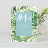 Aloha blauwgroen tropisch palmblad & scriptverjaar save the date (Staand voorkant)