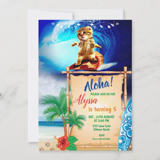 Aloha! Cat Surfing Invitation Kaart (Voorkant)