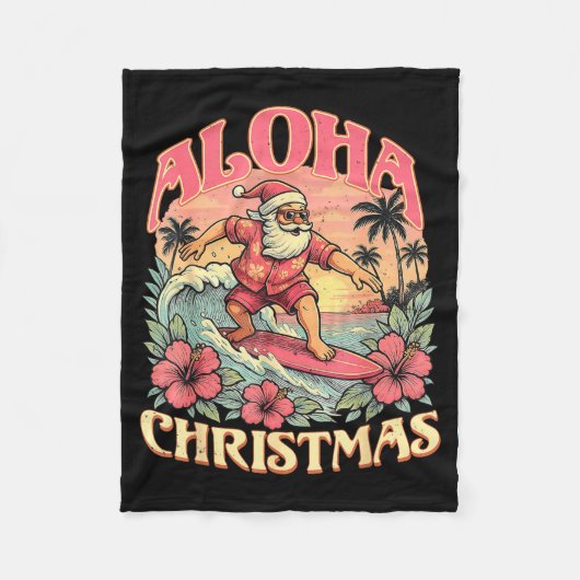 Aloha Christmas Santa Claus Surfing Hawaiian Mele  Fleece Deken (Voorkant)