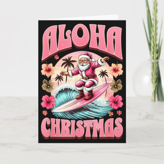 Aloha Christmas Santa Claus Surfing Hawaiian Mele  Kaart (Voorkant)