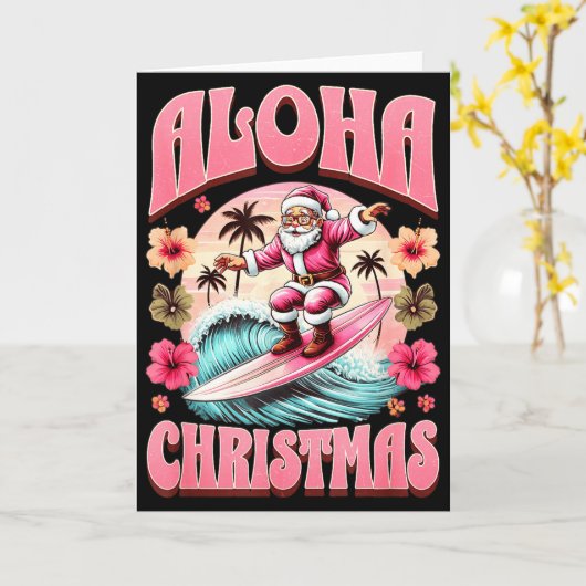 Aloha Christmas Santa Claus Surfing Hawaiian Mele  Kaart (Gele Bloem)