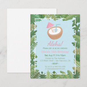 Aloha Coconut Tropical Leaves Birthday Party Kaart