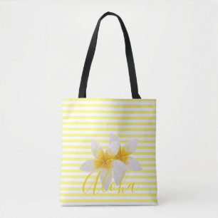 Aloha   Elegant Tropische Bloem & Gele Stripes Tote Bag