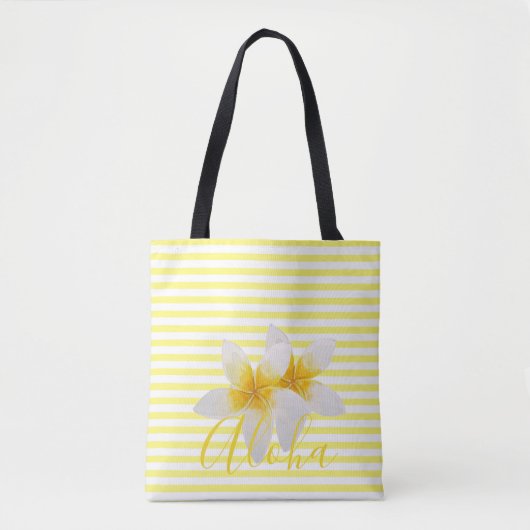 Aloha | Elegant Tropische Bloem & Gele Stripes Tote Bag (Voorkant)
