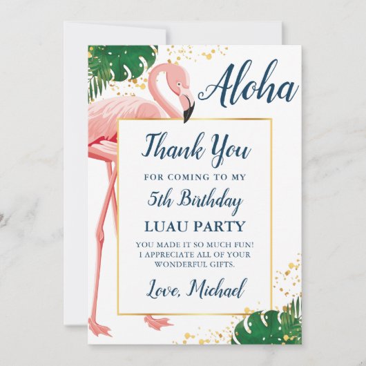 Aloha Flamingo Blauw Goud Tropische Verjaardag Bedankkaart (Voorkant)