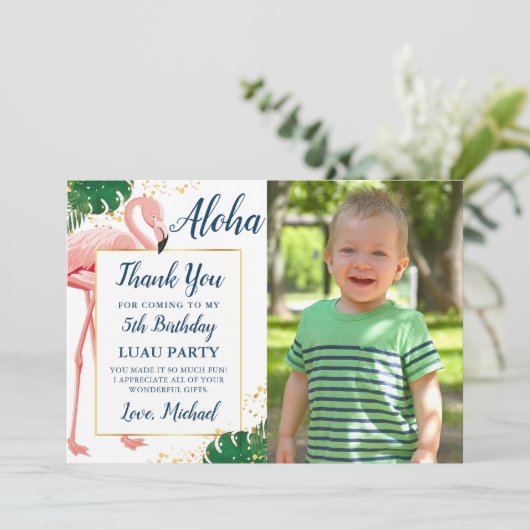 Aloha Flamingo Blauw Goud Tropische Verjaardagsfot Bedankkaart (Staand voorkant)