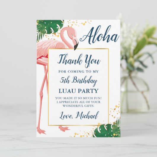 Aloha Flamingo Blue Gold Tropical Birthday Bedankkaart (Staand voorkant)