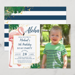 Aloha Flamingo Blue Gold Tropical Birthday Foto Kaart