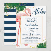 Aloha Flamingo Blue Gold Tropical Luthday Kaart (Voorkant / Achterkant)