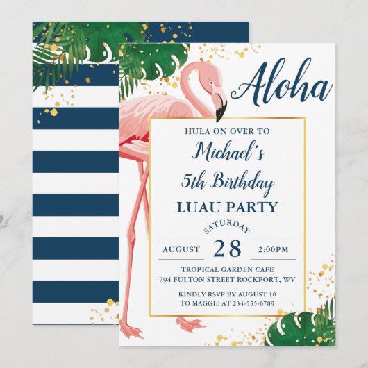 Aloha Flamingo Blue Gold Tropical Luthday Kaart (Voorkant / Achterkant)