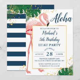 Aloha Flamingo Blue Gold Tropical Luthday Kaart