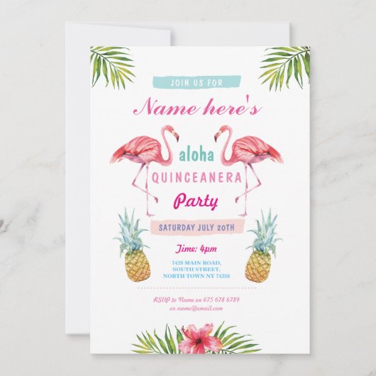 Aloha Flamingo Quinceanera Birthday Party Invite Kaart (Voorkant)