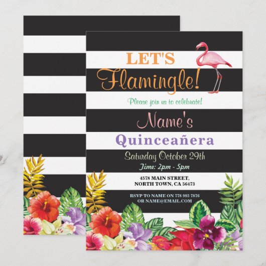 Aloha Flamingo Quinceañera Birthday Party Invite Kaart (Voorkant / Achterkant)