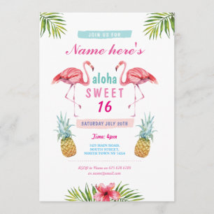 Aloha Flamingo Sweet 16 16th Birthday Party Invite Kaart