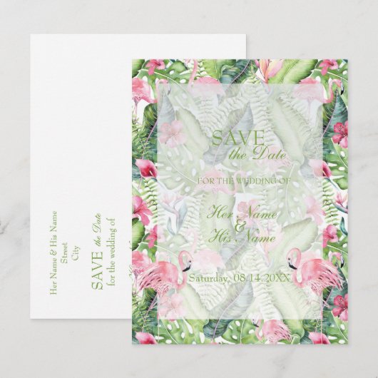Aloha Flamingo Tropical Beach SAVE the Date Aankondigingskaart (Voorkant / Achterkant)