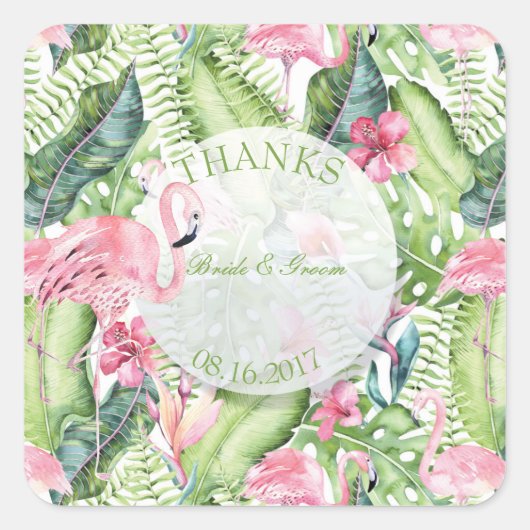 Aloha Flamingo Tropical Beach Wedding Bedankt Vierkante Sticker (Voorkant)