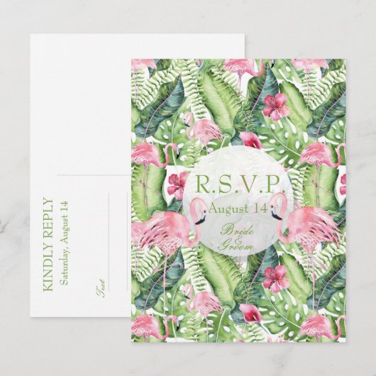 Aloha Flamingo Tropical Beach Wedding RSVP Uitnodiging Briefkaart (Voorkant / Achterkant)
