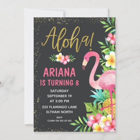 Aloha Flamingo Tropical Birthday Invitation Kaart (Voorkant)