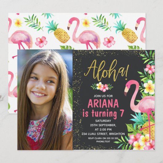Aloha Flamingo Tropical Photo Verjaardagsuitnodigi Kaart (Voorkant / Achterkant)