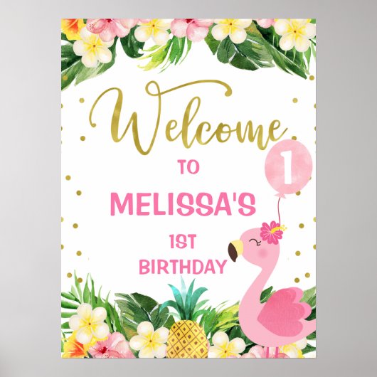 Aloha Floral Flamingo 1st Birthday Welkom Poster (Voorkant)