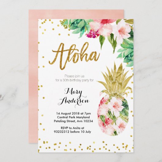 Aloha Gold Ananas Verjaardag Uitnodiging (Voorkant / Achterkant)