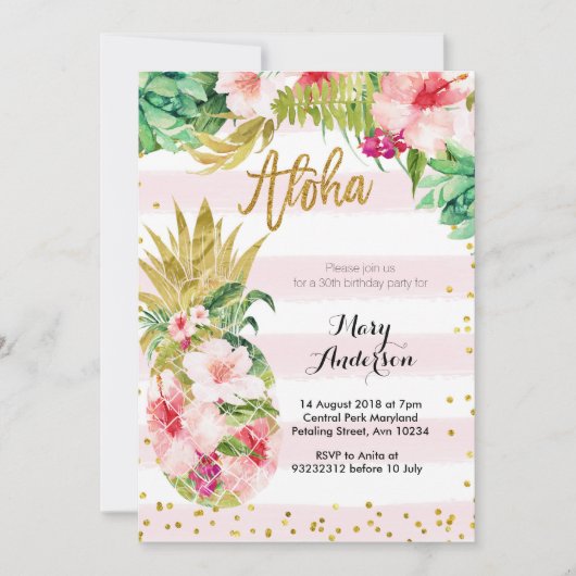 Aloha Gold Ananas Verjaardag Uitnodiging Volwassen (Voorkant)