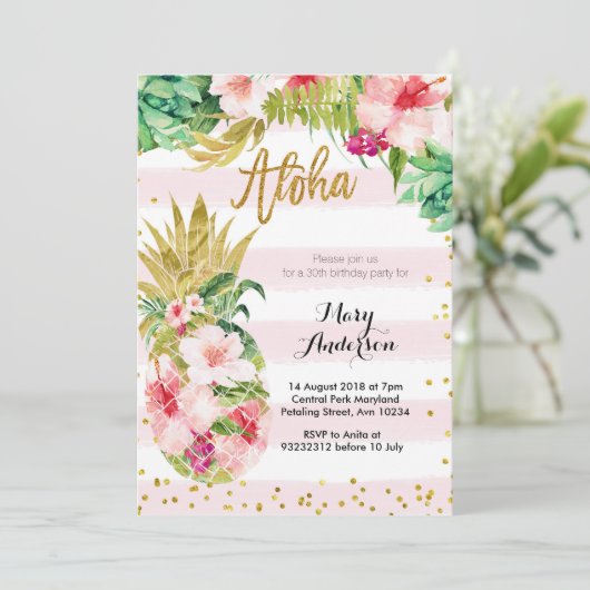 Aloha Gold Ananas Verjaardag Uitnodiging Volwassen (Staand voorkant)