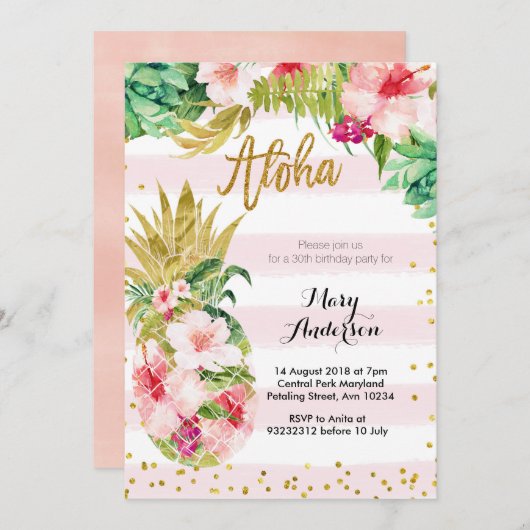 Aloha Gold Ananas Verjaardag Uitnodiging Volwassen (Voorkant / Achterkant)