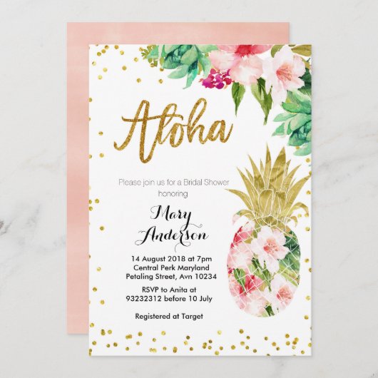 Aloha Gold Pineapple Bruids Douche Uitnodiging (Voorkant / Achterkant)