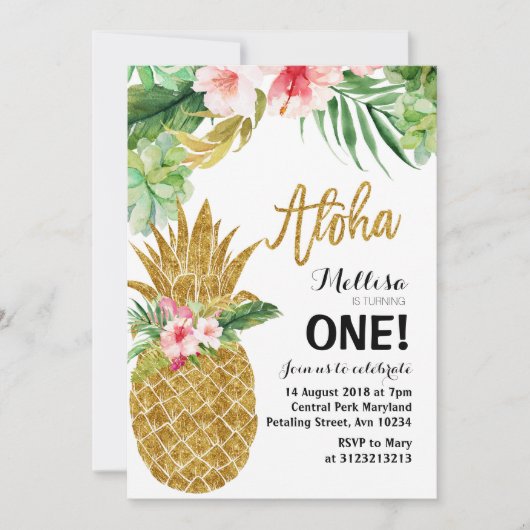 Aloha Gold Pineapple First Birthday Invitation Kaart (Voorkant)