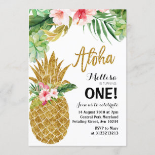 Aloha Gold Pineapple First Birthday Invitation Kaart
