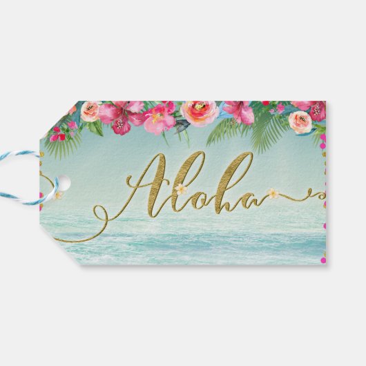 ALOHA Gold Tropical Beach Hibiscus Bloemengunst Cadeaulabel (Achterkant Horizontaal)