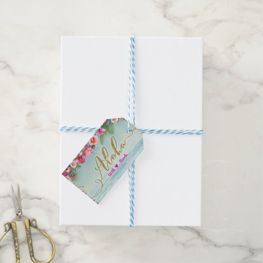 ALOHA Gold Tropical Beach Hibiscus Bloemengunst Cadeaulabel (Met Touw)