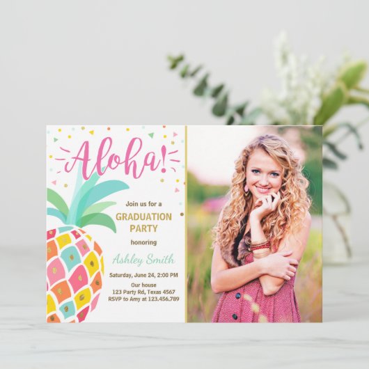 Aloha Graduation Party Invitation Pineapple hawaii Kaart (Staand voorkant)