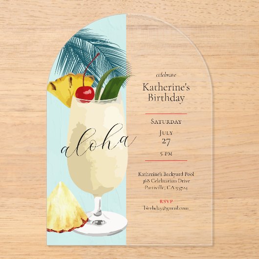 Aloha Green Pina Colada Cocktail Verjaardagsfeestj Acryl Uitnodigingen (Voorkant)