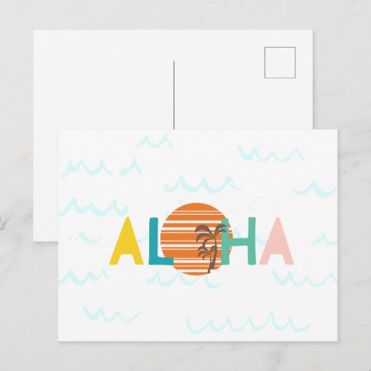 Aloha Hawaii Beach Waves, Sunset, Palm Trees Kaart (Voorkant / Achterkant)