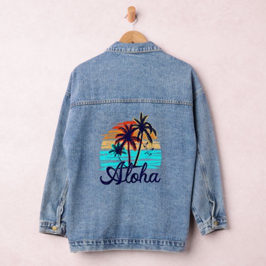Aloha Hawaii Hawaiian Island Palm Beach Surfboard Denim Jacket (Hangar)