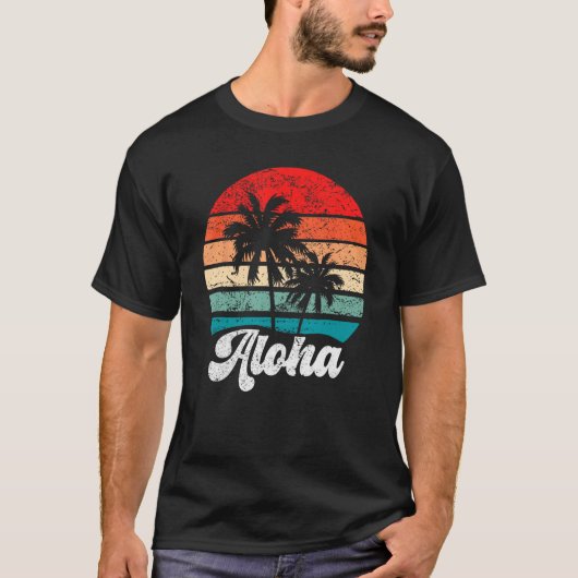 Aloha Hawaii Hawaiian Island Palm Tree Beach Retro T-shirt (Voorkant)