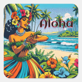 Aloha | Hawaii Hula Dancer op het strand Vierkante Sticker