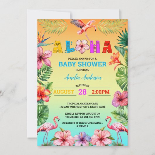 Aloha Hawaii Tropical Floral Flamingo Baby shower Kaart (Voorkant)