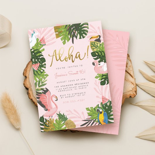 Aloha Hawaii Tropical Summer Gold Birthday Party Kaart