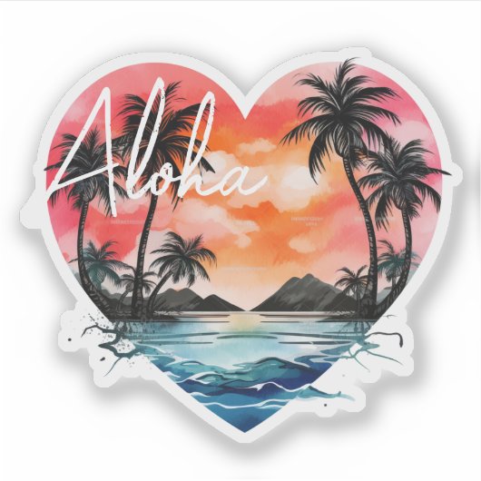 Aloha Hawaii Tropisch Hart Eiland Zonsondergang Sticker (Voorkant)