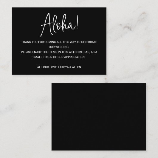 Aloha Hawaii Wedding Black Welcome Gift Bag Mand Plaatskaartje (Voorkant / Achterkant)
