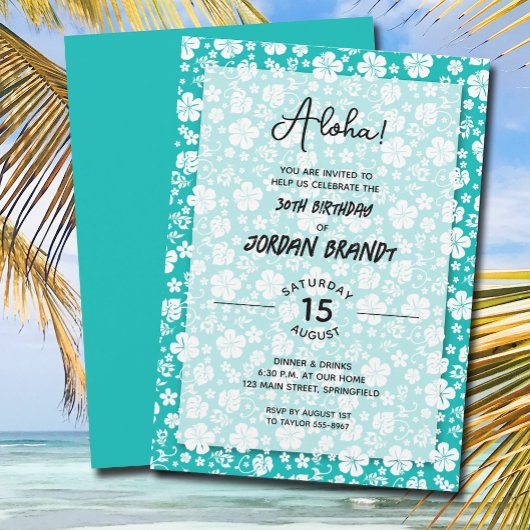 Aloha Hawaiian Floral Aqua Birthday Party Kaart