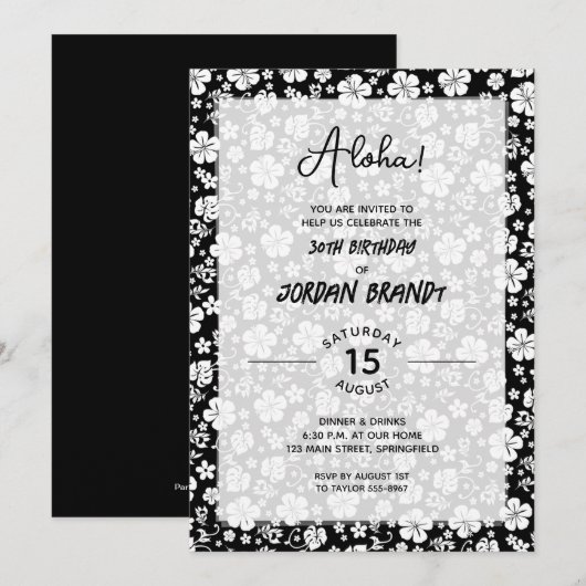 Aloha Hawaiian Floral Black and White Birthday Kaart (Voorkant / Achterkant)